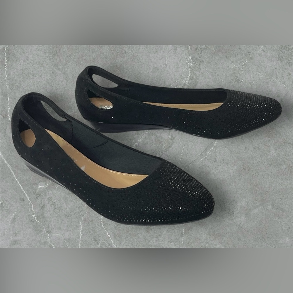 London Fog Collection Black Fabric Slip On Flat Shoes Rhinestones‎ Women's 7M